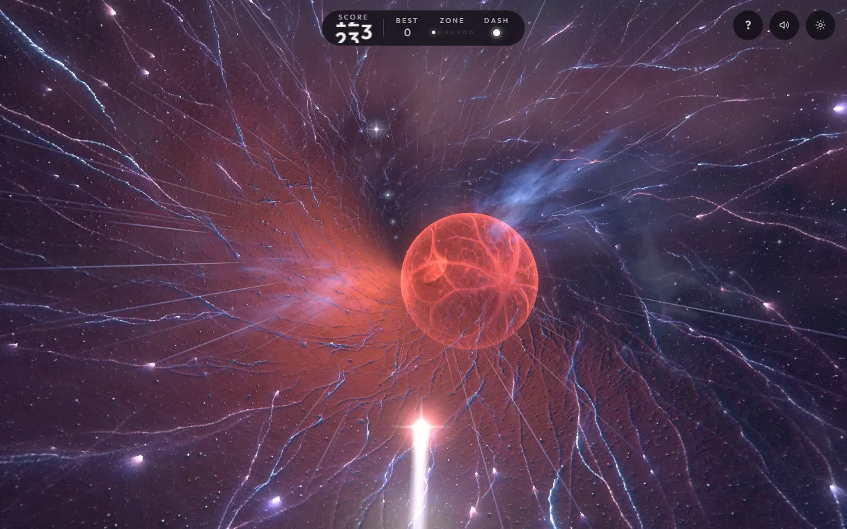 Iris Run: a glowing runner racing down a red and violet tunnel toward the eye of Antares