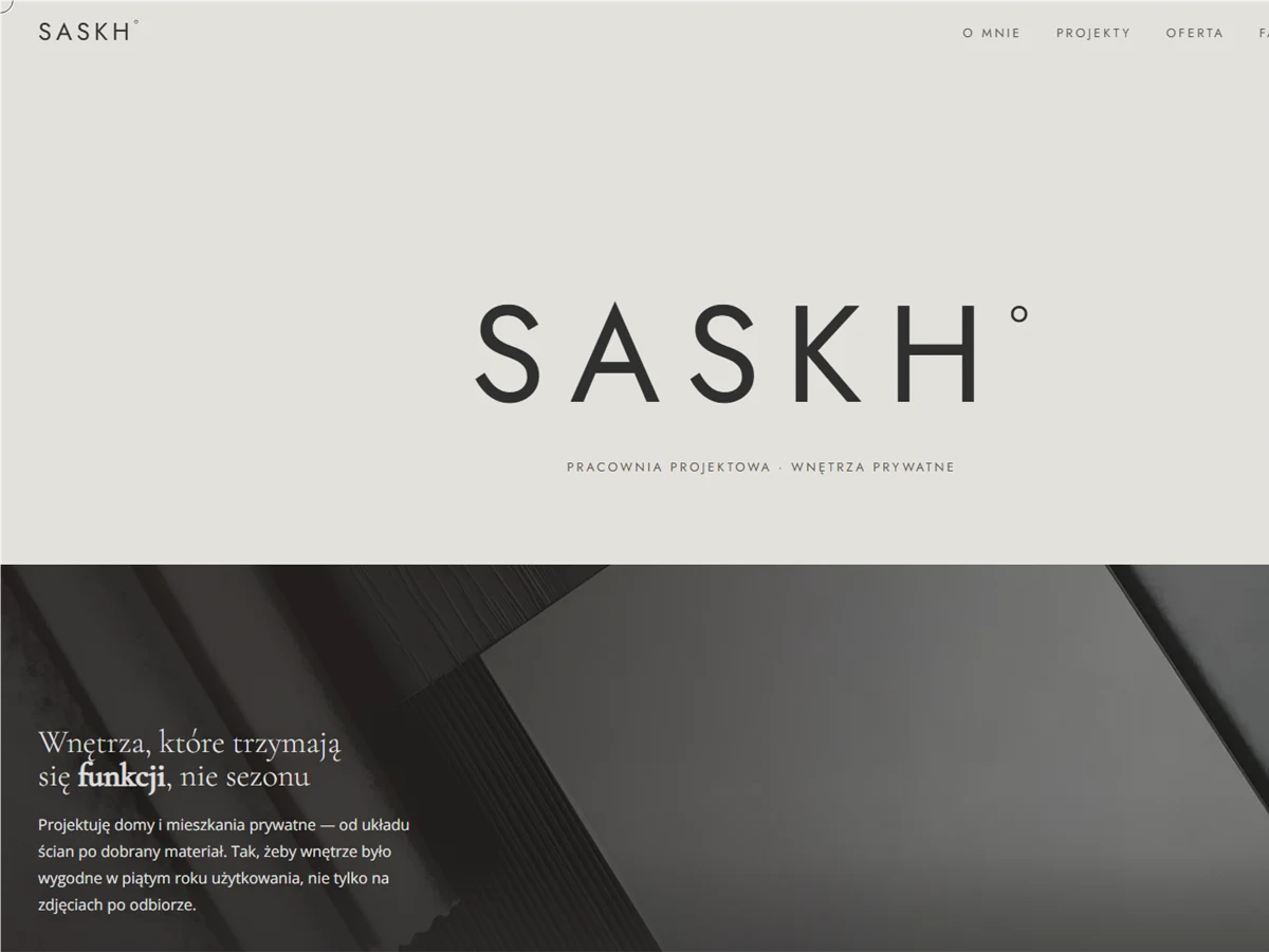 Screenshot of the live SASKHO website showing an interior visualisation and a still page layout